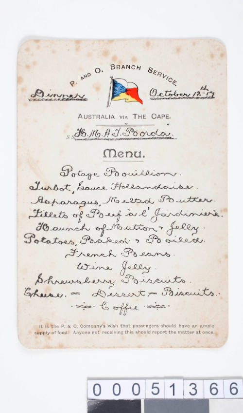 Australian WWI P&O Branch Service ship dinner menu for the HMAT BORDA