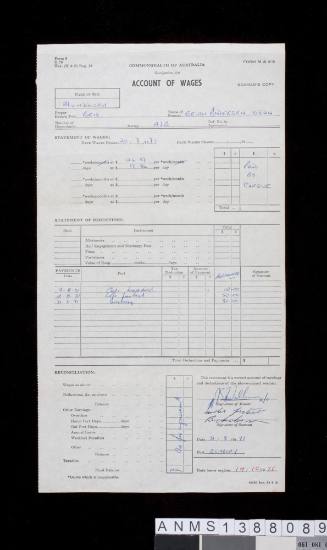 Account of wages for Brian Andersen from vessel MUNDOORA