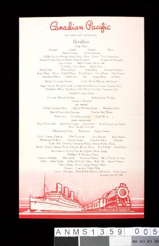 Canadian Pacific DUCHESS OF BEDFORD, breakfast 19 November 1938