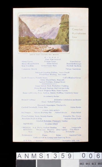 Canadian Australasian Line RMMS AORANGI, dinner 24 November 1938