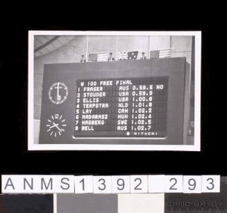 Score board with Dawn Fraser's win at the 1964 Tokyo Olympic Games