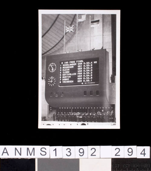 Score board with the United States' Don Schollander in first place at the 1964 Tokyo Olympic Games