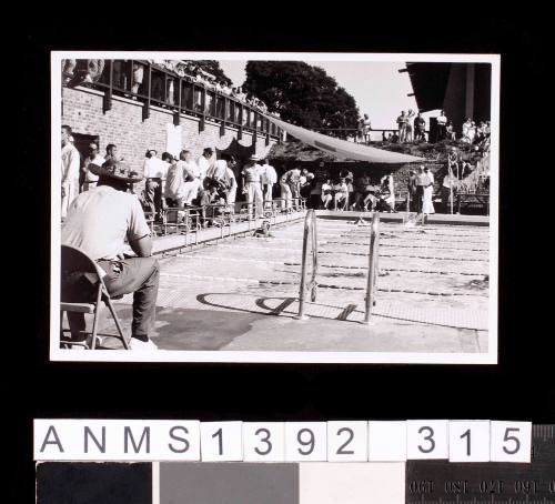 A group of people by a college pool in the San Francisco Bay Area