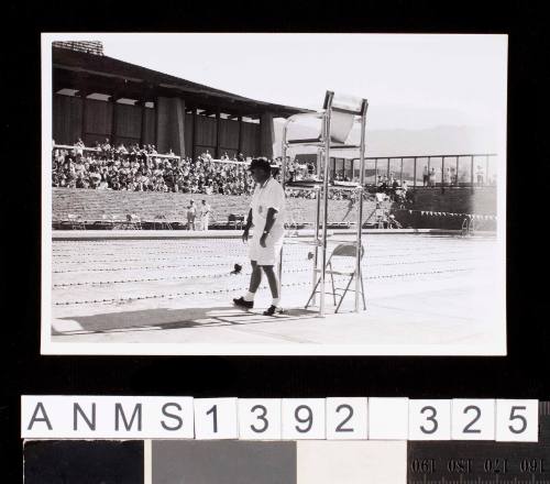 A college swimming pool and official's chair in the San Francisco Bay Area