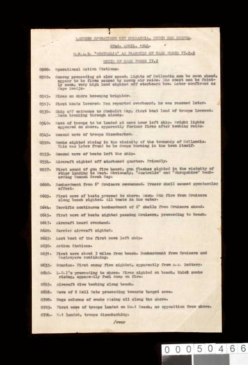 Report titled: Landing Operation off Hollandia, Dutch New Guinea 22nd April 1944 HMAS WESTRALIA as Flagship of Task force 77.2.2