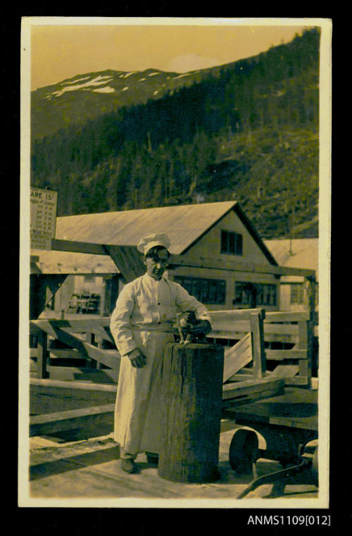 Photographic postcard of a cook standing with a cat resting on a wharf probably in Alaska, United States of America