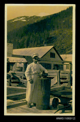 Photographic postcard of a cook standing with a cat resting on a wharf probably in Alaska, United States of America