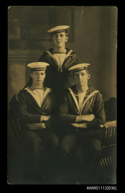 Photograph of Douglas Ballantyne Fraser and two others in Royal Australian Naval Reserve uniforms