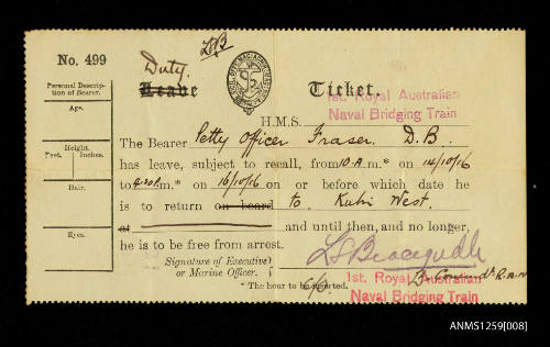 Leave ticket belonging to Douglas Ballantyne Fraser