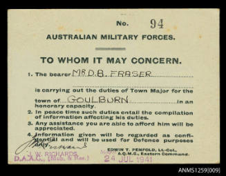 Australian Military Forces card listing Douglas Fraser as Town Major for Goulburn