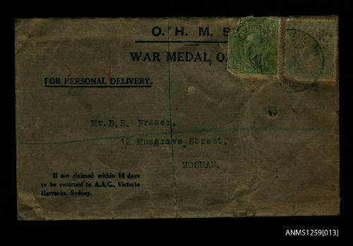 War medal envelope addressed to Douglas Ballantyne Fraser