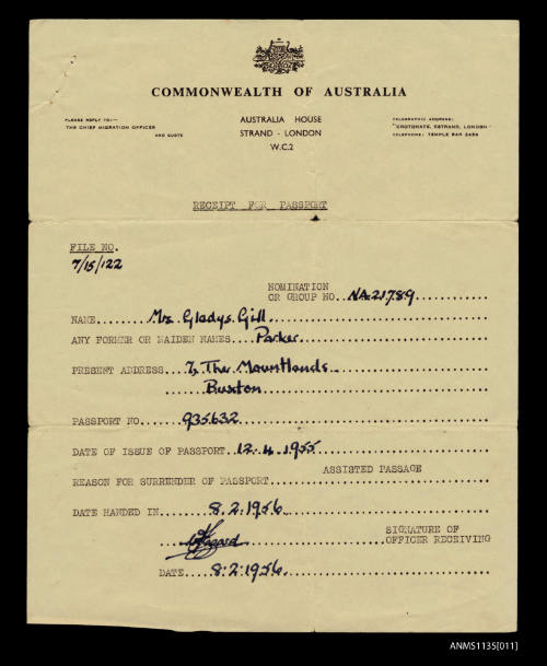 Receipt of passport issued to Galdys Gill