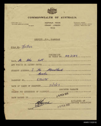 Receipt of passport issued to John Gill