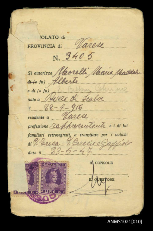 Travel document belonging to Lena Gustin, probably a Swiss visa