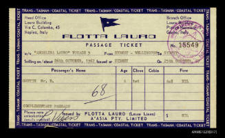Flotta Lauro passage ticket for Mr D Gustin, for ANGELINA LAURO voyage 9, from Sydney to Wellington, to Sydney on 26 October 1967