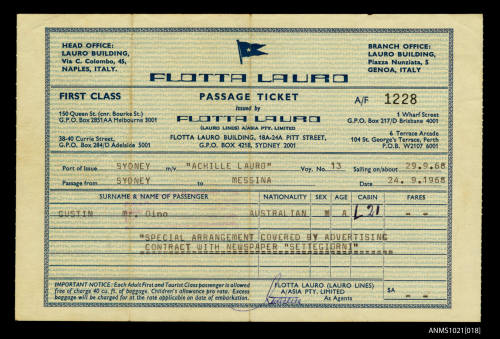 Flotta Lauro passage ticket for Mr Dino Gustin to travel on ACHILLE LAURO voyage 13, from Sydney to Messina on 29 September 1968