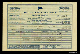 Flotta Lauro passage ticket for Mr Dino Gustin to travel on ACHILLE LAURO voyage 13, from Sydney to Messina on 29 September 1968