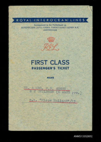 Athey family first class ticket for SS TJIBADAK