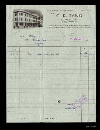 Clothing receipt from CK Tang, Singapore