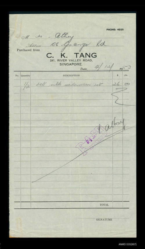 Clothing receipt from CK Tang, Singapore