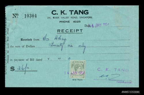 Receipt from CK Tang, Singapore