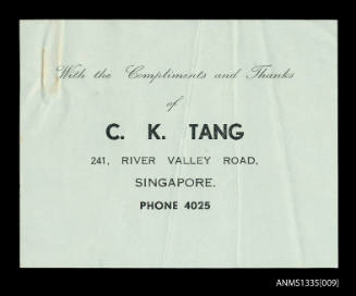 With compliments slip from CK Tang, Singapore