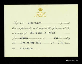 Captain C.de Wolff requests the pleasure of the company of Mr and Mrs Athey for drinks on Sunday 23 May 1954