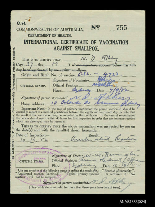 Smallpox vaccination card