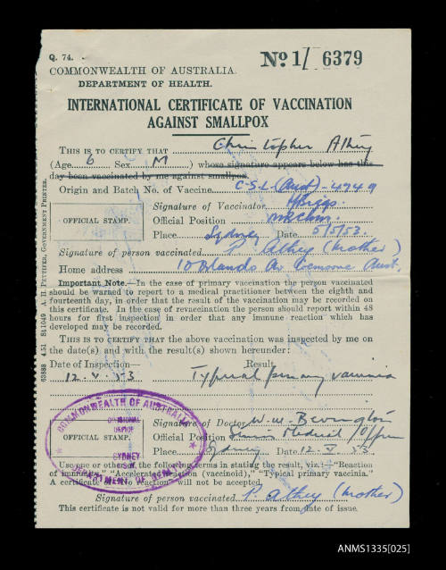 Smallpox vaccination card