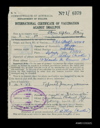 Smallpox vaccination card