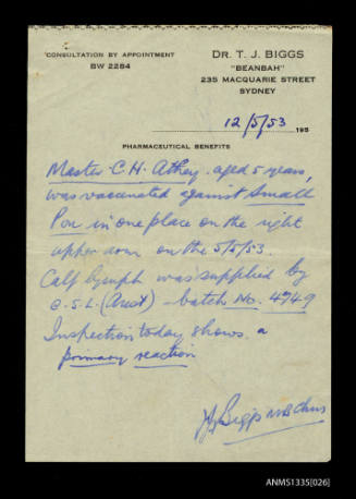 Doctors note for Smallpox vaccination