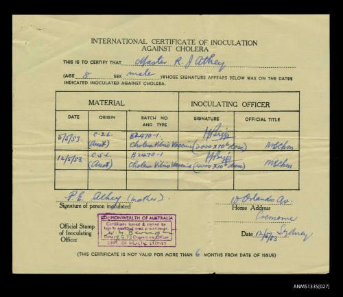 Inoculation card for cholera