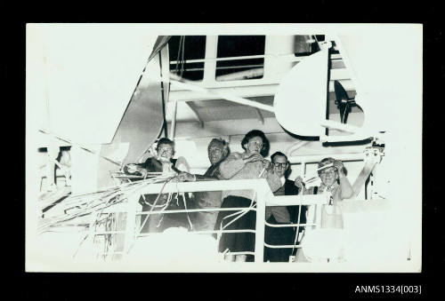 Photograph of the Athey family departing Singapore on Royal Interocean lines vessel