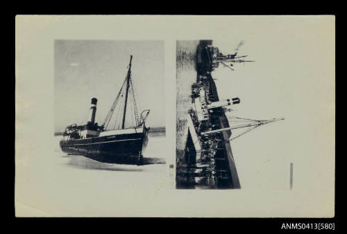 Two photographs depicting ILLALONG and a vessel sunk at wharf 