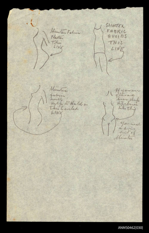 Draft drawing for Seagull swim suits with reference to Slimtex fabric