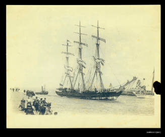 Three masted sailing ship MACCALLUM MORE being towed into port at entrance to Ostend Harbour France 1873