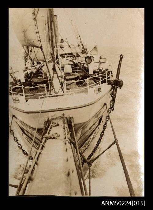 View from bowsprit of sailing ship looking aft to bow and decking