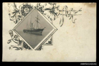 Post card with printed frame of flowers and border centre left, image of bow and starboard view of steam ship.