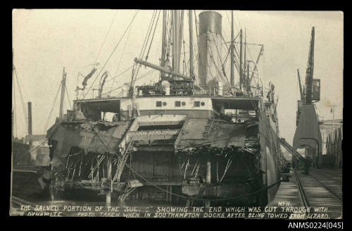 View of open bow end of large steam vessel showing damage