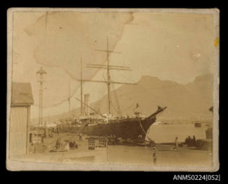 Wharf scene bow and starboard view of steamer possibly DAMASCUS