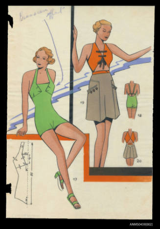 Hand coloured design for a one piece swimsuit and a short set