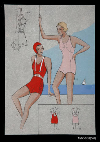 Hand coloured design for two one piece swimsuits
