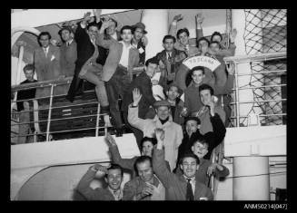 Migrants in a group on the MV TOSCANA at Trieste January 1954