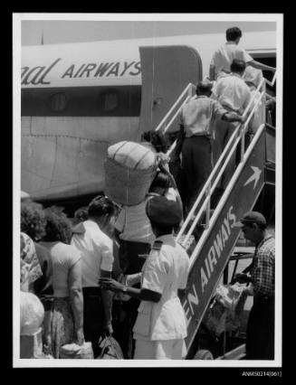 Departure of an American International Airline plane from Aden to Australia with passengers rescued from the sinking of MV SKAUBRYN in the Red Sea
