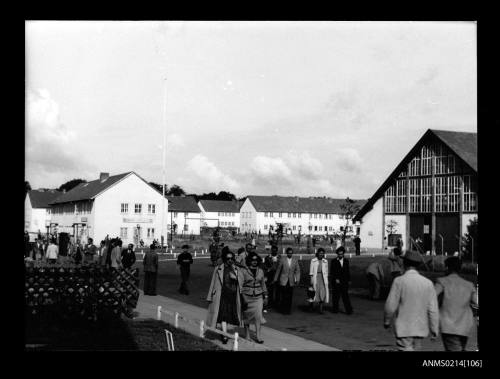 View of Bremen embarkation centre, Lesum Camp, near Bremen, Germany as migrants receive final briefing before departure