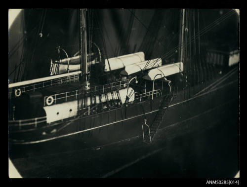 Print of the model of the clipper ship THERMOPLAE by Mr Cyril Hume, showing stern detail of the gangway amidship