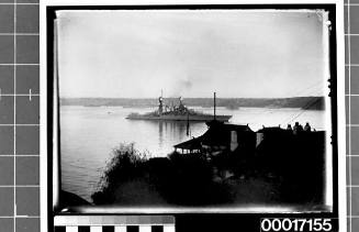 US Navy ships moored in Sydney Harbour, possibly viewed from Darling Point