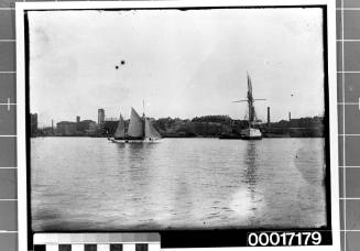 Ketch and large sailing ship in Johnston's Bay, Sydney