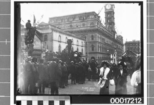 Fleet Week. 21 August, 1908 - a crowd in Martin Place, Sydney, looking towards the GPO and George Street