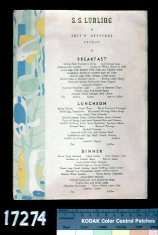 Breakfast, lunch and dinner menu from the SS LURLINE